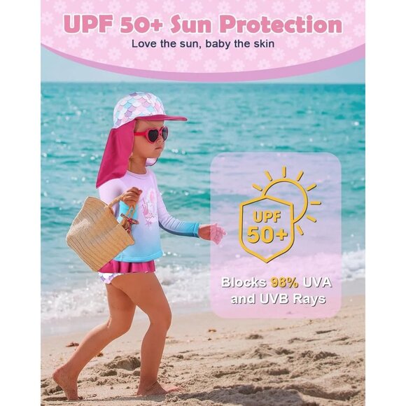 Toddler 3T Girls Mermaid Swim Set 4-Piece UPF 50+ Rash Guard Tankini Pink Purple - Picture 3 of 12